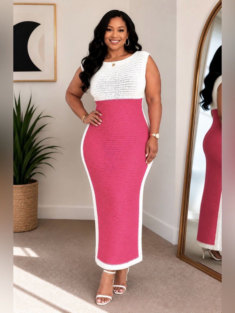 HANDKNIT | Crochet Knit Two-Tone Knit Midi Dress in White and Pink